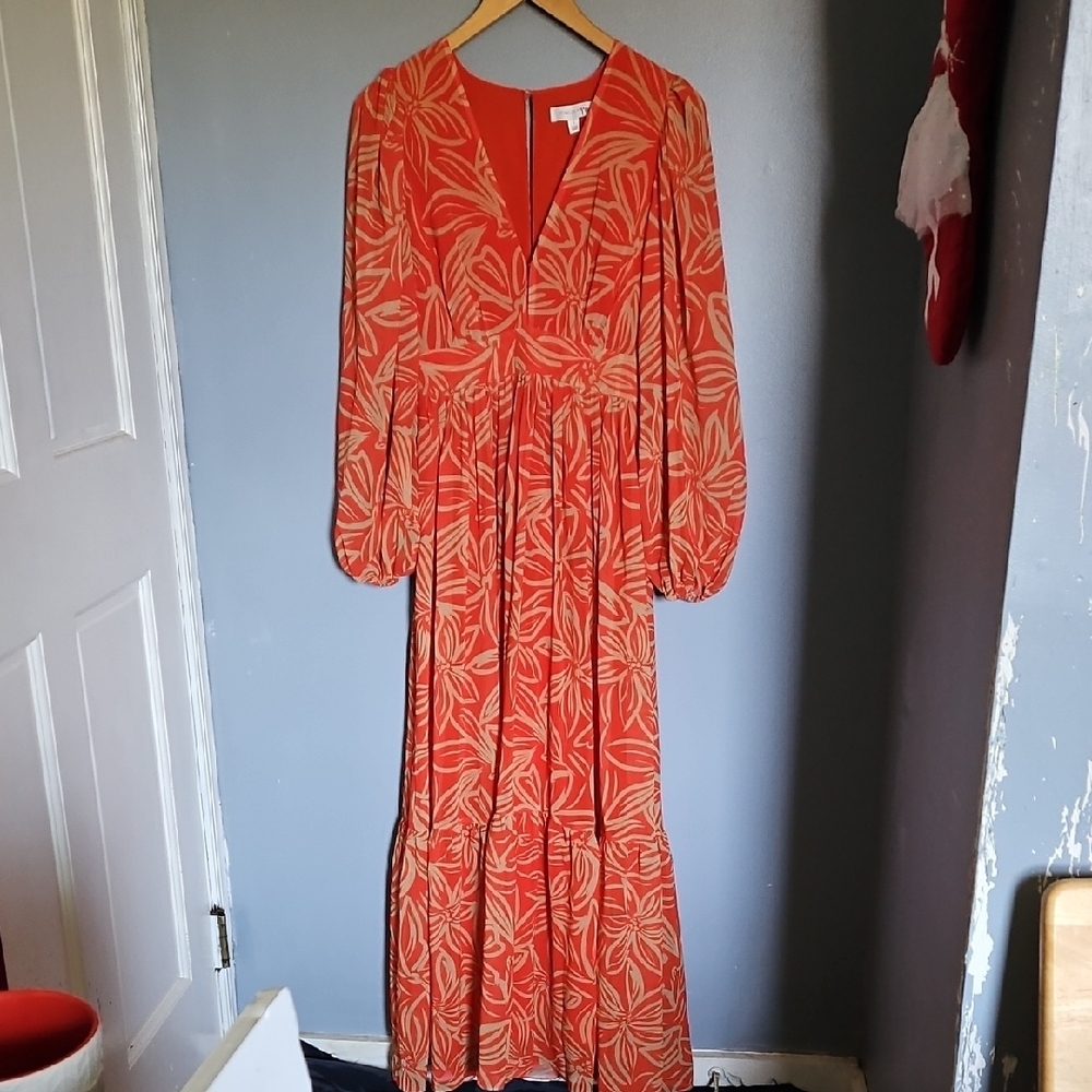 Elegant Orange Leaf Print Long Sleeve Dress - Picture 17 of 17